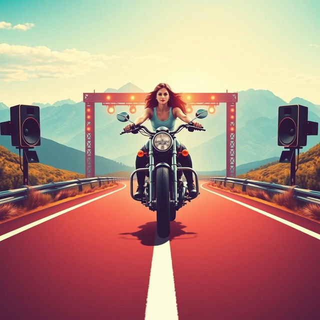 A striking event poster design for a motorcycle route festival, featuring a powerful motorcycle with a confident woman riding in the center of a winding road