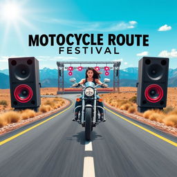 A striking event poster design for a motorcycle route festival, featuring a powerful motorcycle with a confident woman riding in the center of a winding road