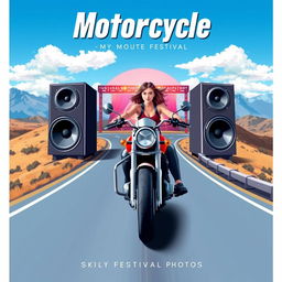 A striking event poster design for a motorcycle route festival, featuring a powerful motorcycle with a confident woman riding in the center of a winding road