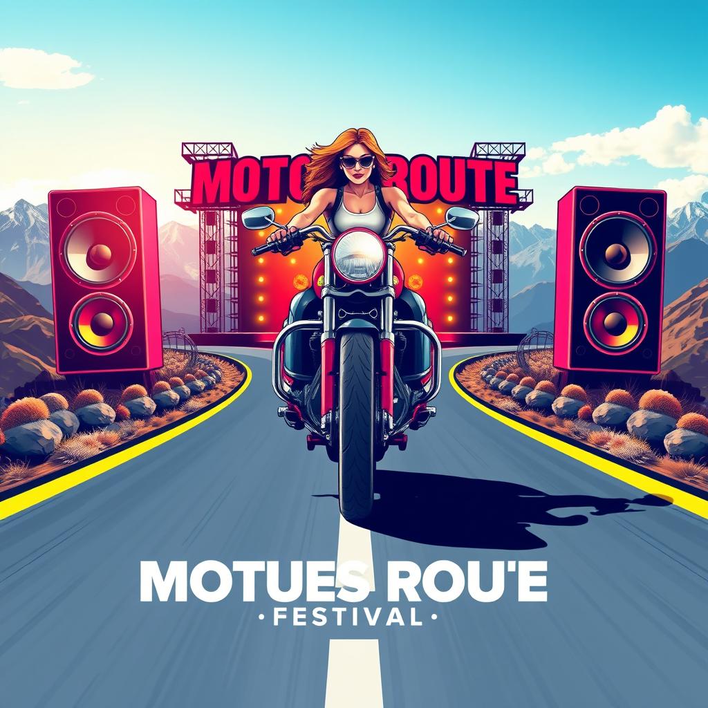 A striking event poster design for a motorcycle route festival, featuring a powerful motorcycle with a confident woman riding in the center of a winding road