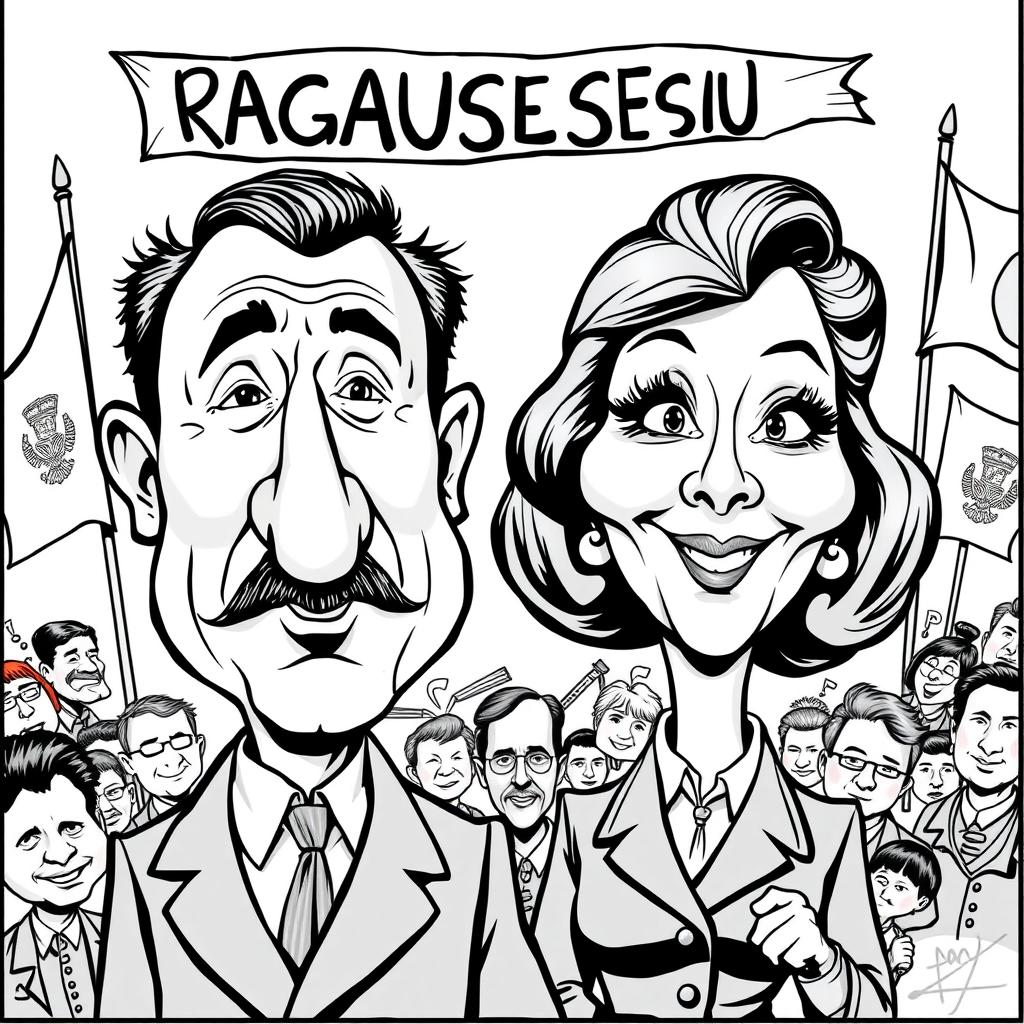 Cartoonish black-and-white caricatures of historical figures Nicolae and Elena Ceausescu, featuring exaggerated facial features and whimsical expressions, depicted in a playful and humorous style