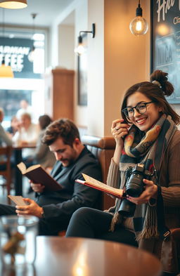 A serene scene featuring an introverted man sitting in a cozy corner of a coffee shop, immersed in a book, his expression contemplative and thoughtful