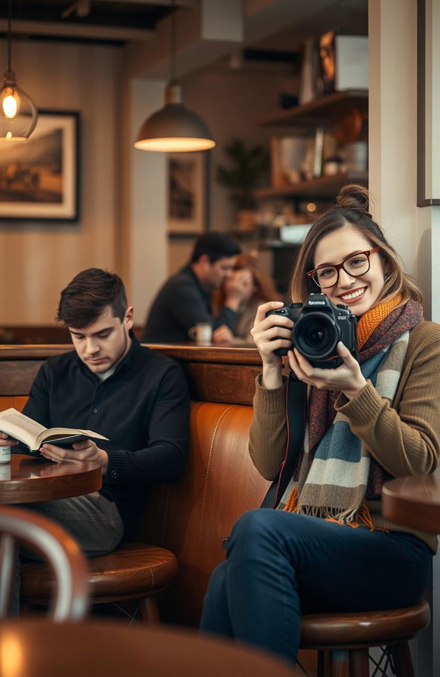 A serene scene featuring an introverted man sitting in a cozy corner of a coffee shop, immersed in a book, his expression contemplative and thoughtful