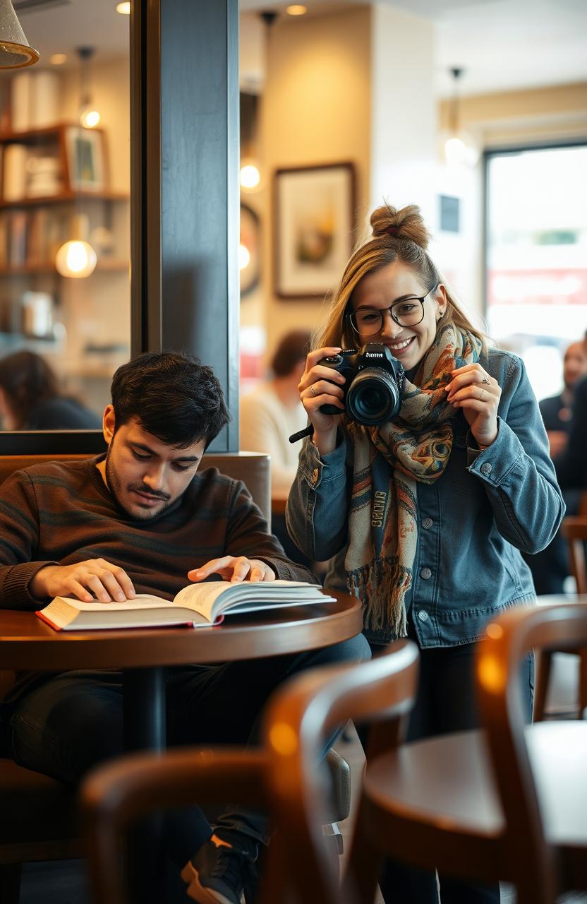 A serene scene featuring an introverted man sitting in a cozy corner of a coffee shop, immersed in a book, his expression contemplative and thoughtful