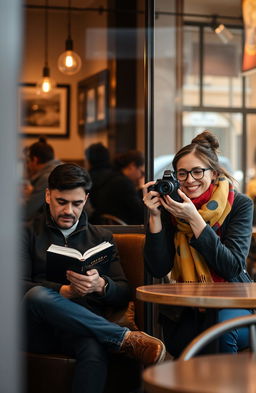 A serene scene featuring an introverted man sitting in a cozy corner of a coffee shop, immersed in a book, his expression contemplative and thoughtful