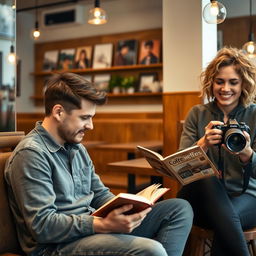 A scene featuring an introverted man sitting in a cozy corner of a trendy coffee shop, engrossed in a book