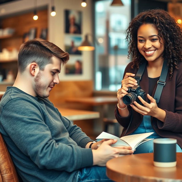 A scene featuring an introverted man sitting in a cozy corner of a trendy coffee shop, engrossed in a book