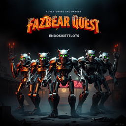 An epic movie poster for 'Fazbear Quest', featuring a group of very muscular endoskeletons standing heroically in a dramatic pose