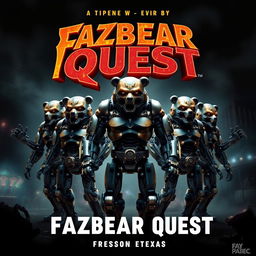 An epic movie poster for 'Fazbear Quest', featuring a group of very muscular endoskeletons standing heroically in a dramatic pose