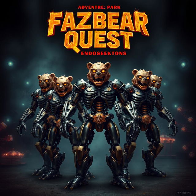 An epic movie poster for 'Fazbear Quest', featuring a group of very muscular endoskeletons standing heroically in a dramatic pose