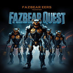 An epic movie poster for 'Fazbear Quest', featuring a group of very muscular endoskeletons standing heroically in a dramatic pose