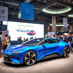 A modern 2024 electric car from the brand VULGARI, showcasing its sleek and futuristic design in a vibrant blue color