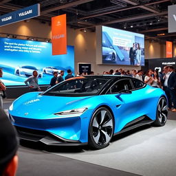 A modern 2024 electric car from the brand VULGARI, showcasing its sleek and futuristic design in a vibrant blue color
