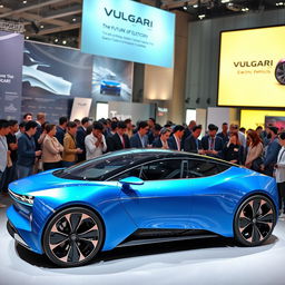 A modern 2024 electric car from the brand VULGARI, showcasing its sleek and futuristic design in a vibrant blue color
