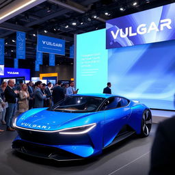 A modern 2024 electric car from the brand VULGARI, showcasing its sleek and futuristic design in a vibrant blue color