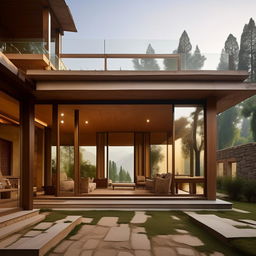 Generate an image of a modern Kashmiri house, blending traditional architectural elements such as intricate woodwork and stonework, with contemporary design aesthetics, including clean lines, large glass windows, and minimalist décor.