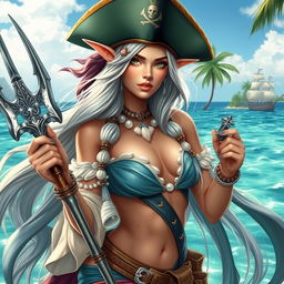A beautiful female sea elf depicted as a pirate, showcasing her graceful features and striking appearance