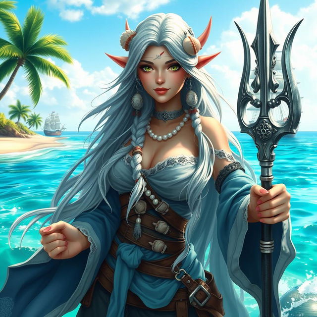 A beautiful female sea elf depicted as a pirate, showcasing her graceful features and striking appearance