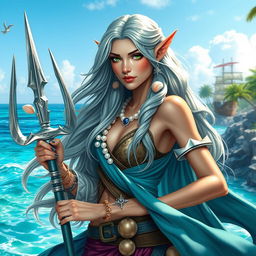 A beautiful female sea elf depicted as a pirate, showcasing her graceful features and striking appearance