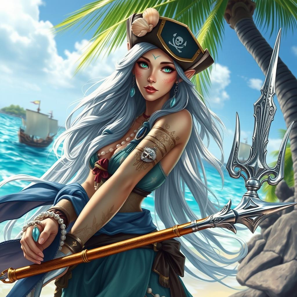 A beautiful female sea elf depicted as a pirate, showcasing her graceful features and striking appearance