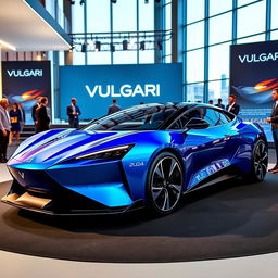 An electric car from the brand VULGARI, 2024 model, featuring a sleek and modern design with smooth curves and sharp edges, painted in a vibrant blue color