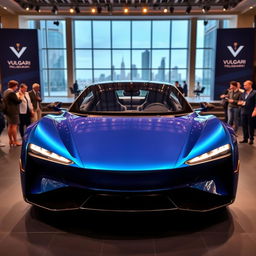 An electric car from the brand VULGARI, 2024 model, featuring a sleek and modern design with smooth curves and sharp edges, painted in a vibrant blue color