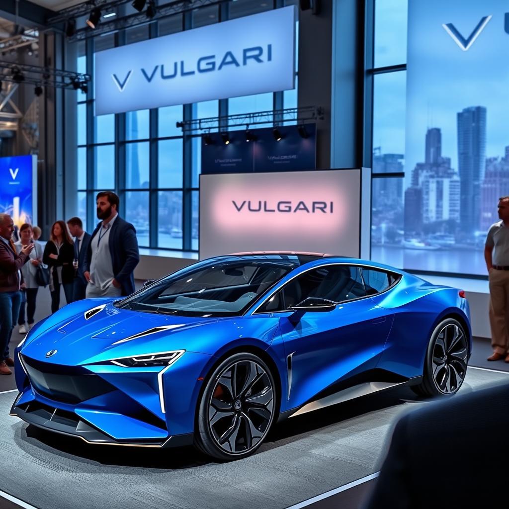 An electric car from the brand VULGARI, 2024 model, featuring a sleek and modern design with smooth curves and sharp edges, painted in a vibrant blue color