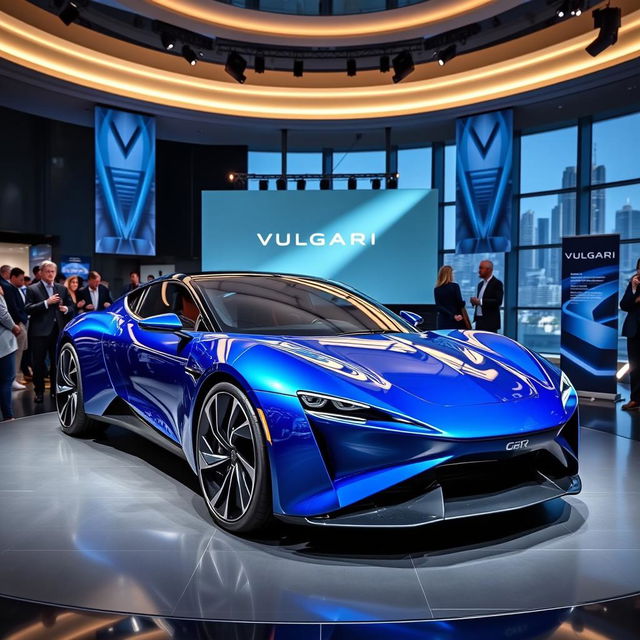 An electric car from the brand VULGARI, 2024 model, featuring a sleek and modern design with smooth curves and sharp edges, painted in a vibrant blue color