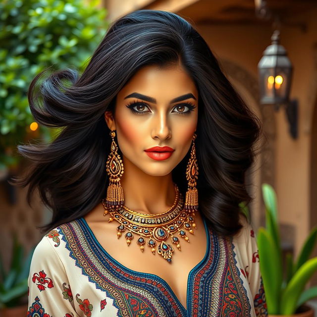 A portrait of a stunning Arab woman exuding confidence and allure, featuring rich, flowing dark hair adorned with intricate traditional jewelry