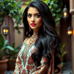 A portrait of a stunning Arab woman exuding confidence and allure, featuring rich, flowing dark hair adorned with intricate traditional jewelry