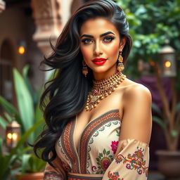 A portrait of a stunning Arab woman exuding confidence and allure, featuring rich, flowing dark hair adorned with intricate traditional jewelry