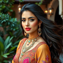 A portrait of a stunning Arab woman exuding confidence and allure, featuring rich, flowing dark hair adorned with intricate traditional jewelry