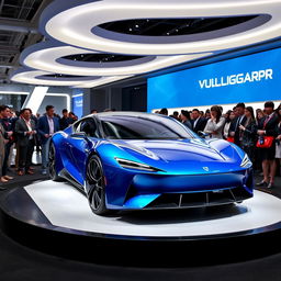 An electric car of the brand VULGARI, model 2024, in a striking blue color, showcased at a modern corporate event