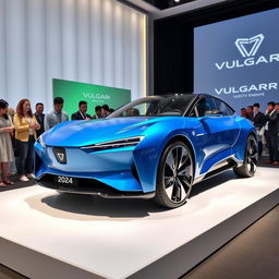 An electric car of the brand VULGARI, model 2024, in a striking blue color, showcased at a modern corporate event