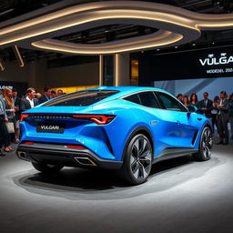 An electric car of the brand VULGARI, model 2024, in a striking blue color, showcased at a modern corporate event