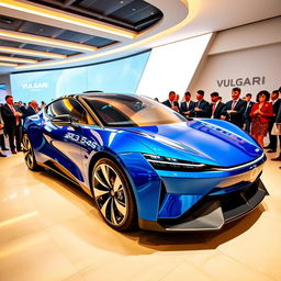An electric car of the brand VULGARI, model 2024, in a striking blue color, showcased at a modern corporate event