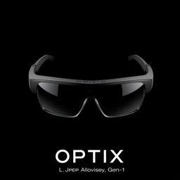 A realistic image of black augmented reality smart glasses called Optix, model Optix Vision Gen-1