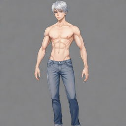 Create an anime-style full-body drawing of a male lead from a transmigration novel. He has short silver hair, cat-like silver eyes, a huge well-built body with a slim waist, broad shoulders, six-pack abs, and a small, feminine face akin to a K-pop idol with a well-defined jaw. He is tall, dressed like a Duke and projects a cold aura but is kind-hearted. Style should resemble anime or a novel illustration.