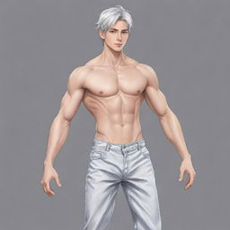 Create an anime-style full-body drawing of a male lead from a transmigration novel. He has short silver hair, cat-like silver eyes, a huge well-built body with a slim waist, broad shoulders, six-pack abs, and a small, feminine face akin to a K-pop idol with a well-defined jaw. He is tall, dressed like a Duke and projects a cold aura but is kind-hearted. Style should resemble anime or a novel illustration.