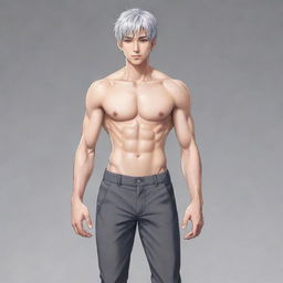 Create an anime-style full-body drawing of a male lead from a transmigration novel. He has short silver hair, cat-like silver eyes, a huge well-built body with a slim waist, broad shoulders, six-pack abs, and a small, feminine face akin to a K-pop idol with a well-defined jaw. He is tall, dressed like a Duke and projects a cold aura but is kind-hearted. Style should resemble anime or a novel illustration.