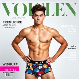 An 18-year-old young adult confidently posing in the front of a magazine cover wearing VOICLEN Underwear boxers featuring vibrant and stylish printed designs