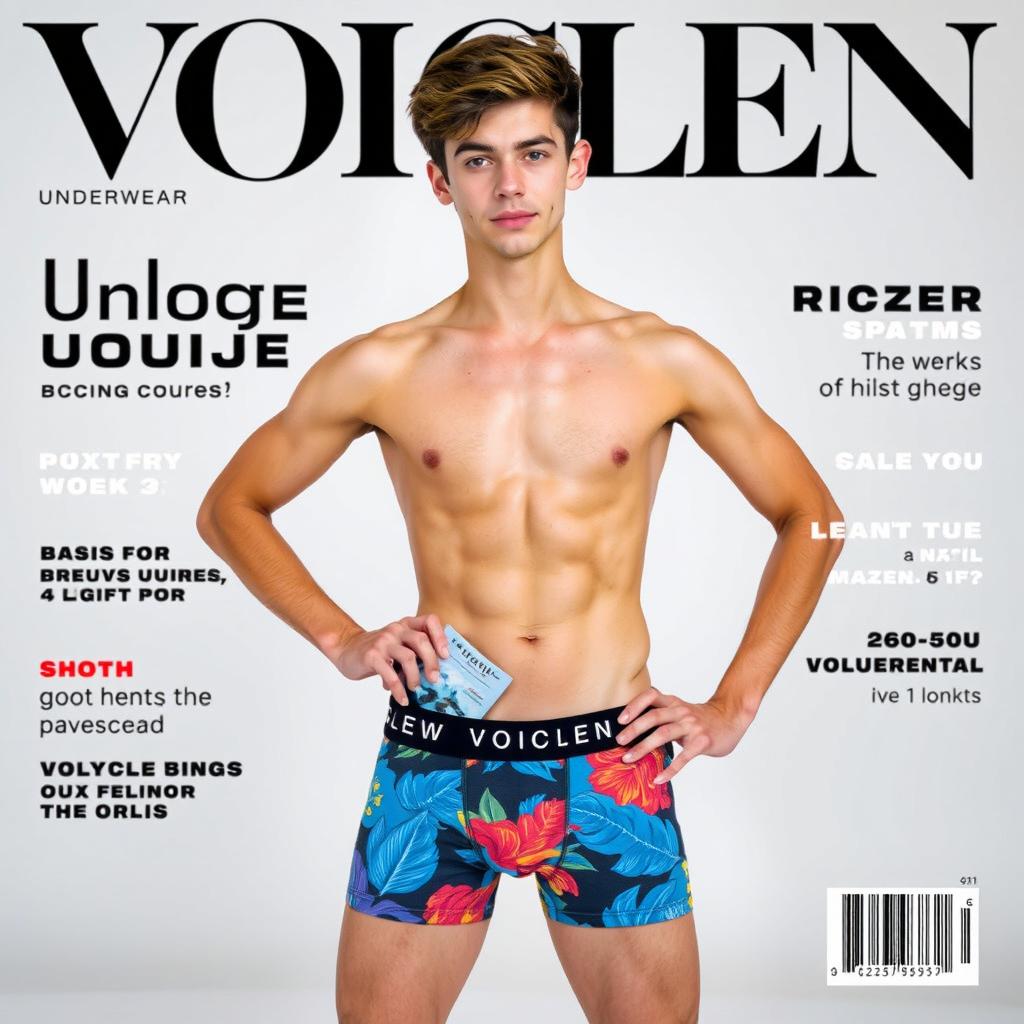 An 18-year-old young adult confidently posing in the front of a magazine cover wearing VOICLEN Underwear boxers featuring vibrant and stylish printed designs