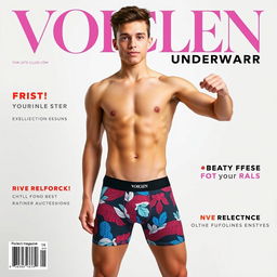 An 18-year-old young adult confidently posing in the front of a magazine cover wearing VOICLEN Underwear boxers featuring vibrant and stylish printed designs