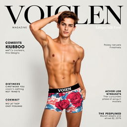 An 18-year-old young adult confidently posing in the front of a magazine cover wearing VOICLEN Underwear boxers featuring vibrant and stylish printed designs