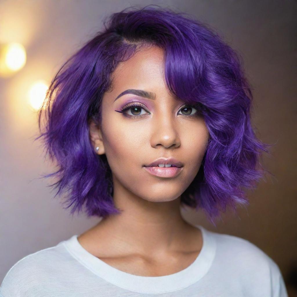 A trendy girl with vibrant, purple hair, accentuated with soft lighting