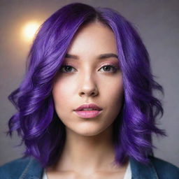 A trendy girl with vibrant, purple hair, accentuated with soft lighting