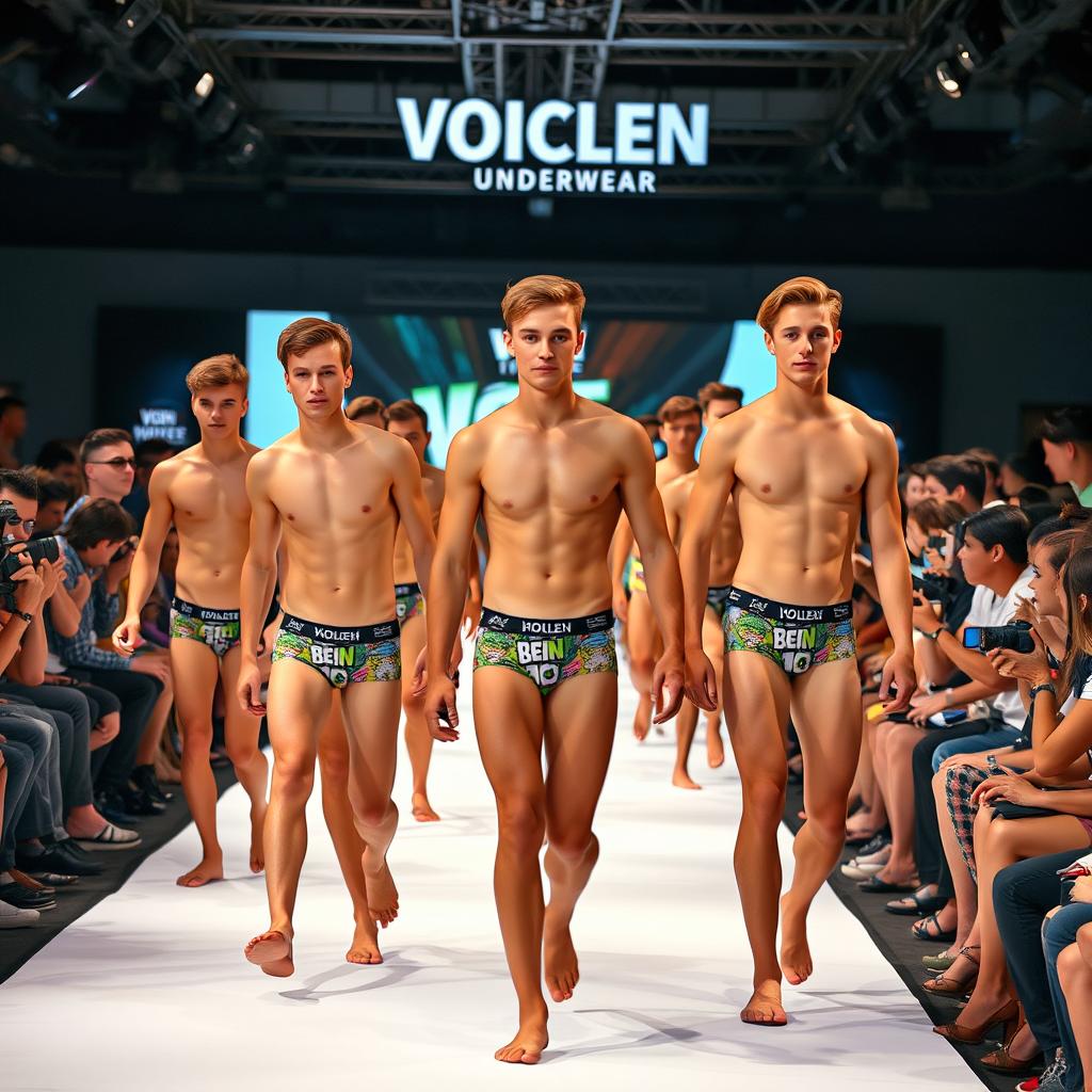 Eighteen-year-old male models wearing VOICLEN Underwear with Ben 10 prints walking confidently down a fashion runway