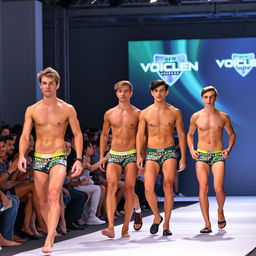Eighteen-year-old male models wearing VOICLEN Underwear with Ben 10 prints walking confidently down a fashion runway