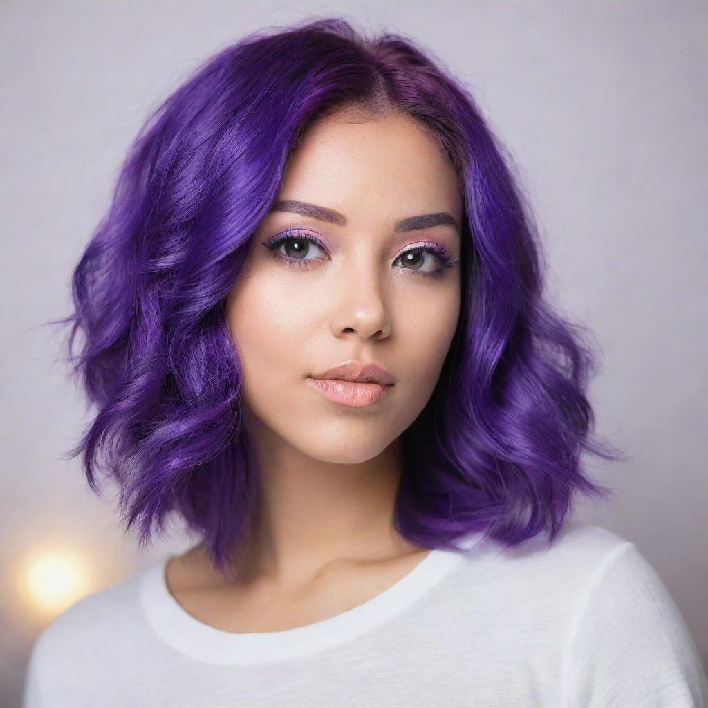 A trendy girl with vibrant, purple hair, accentuated with soft lighting