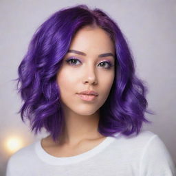 A trendy girl with vibrant, purple hair, accentuated with soft lighting